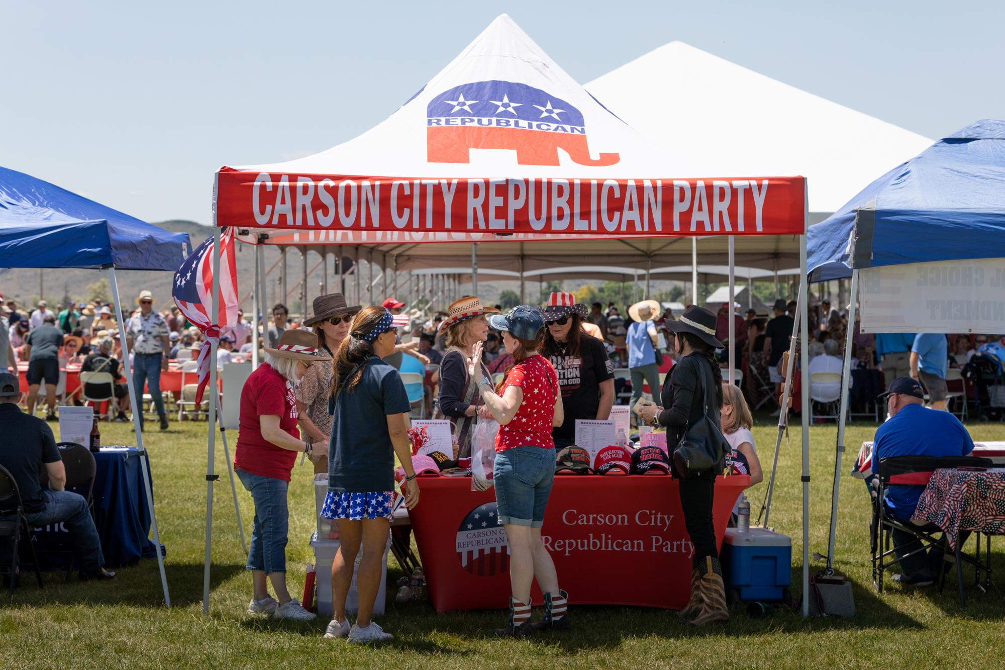 Carson City Republican Party booth at the 8th annual Basque Fry at Corley Ranch in Gardnerville on June 17, 2023. (Trevor Bexon/The Nevada Independent)